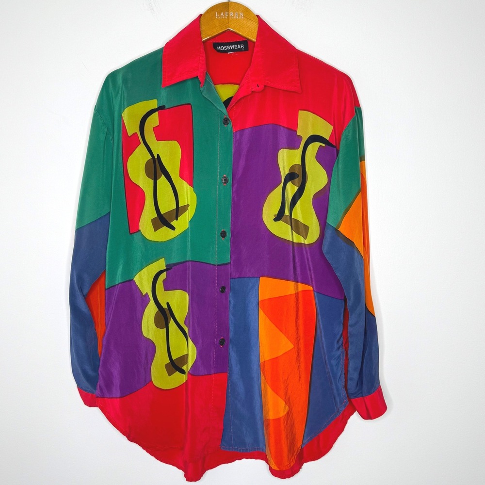 Vintage Mosswear Silk‎ Art to Wear Guitar button front shirt Small